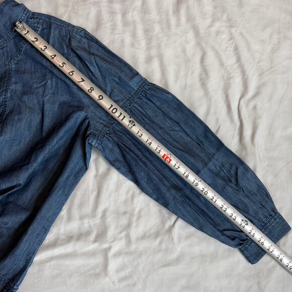 Ann Taylor LOFT Blue Denim Chambray Tie Neck Blouson Sleeve Blouse- L - Picture 8 of 8